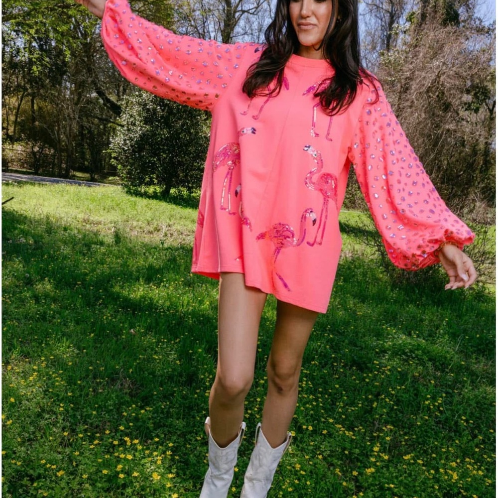 QUEEN OF SPARKLES Pink Flamingo Dress - Size Large